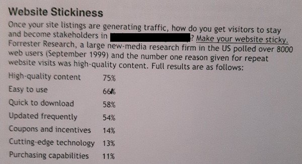 section of website findability report from 2000 on website stickiness